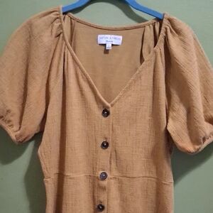 Earthy Tan Button-Up Dress with Puff Sleeves